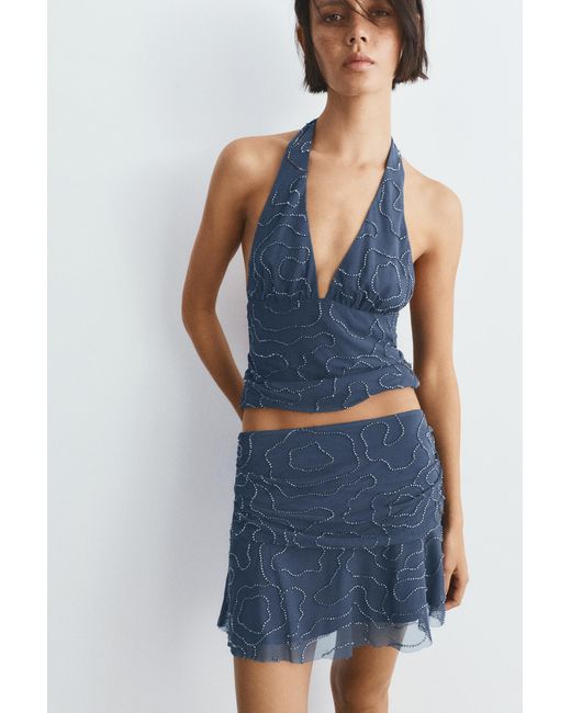 Pull&Bear Blue Beaded Tulle Mini Skirt