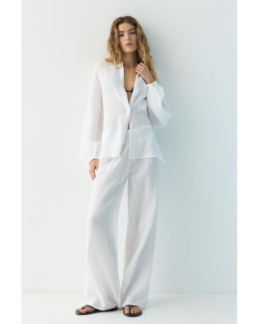 Pull&Bear White Stand Collar Voile Effect Shirt