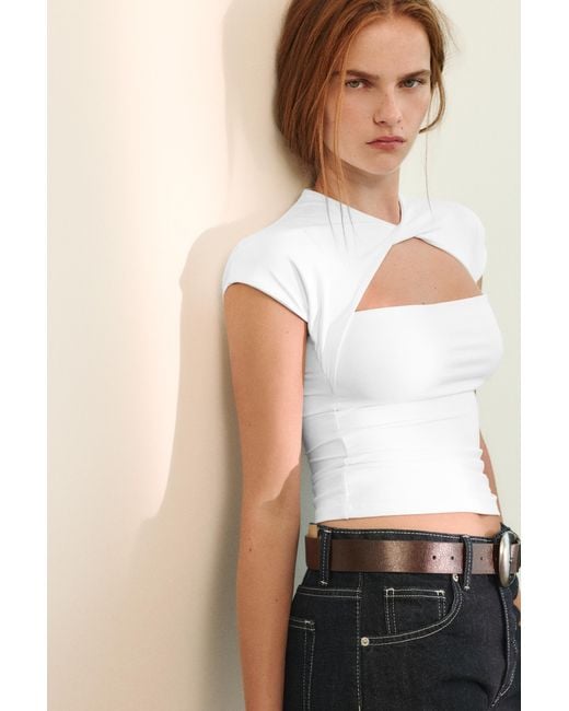 Pull&Bear Natural Cut-Out Neck T-Shirt