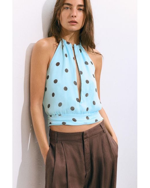 Pull&Bear Green Polka Dot Halter Top With Cutout