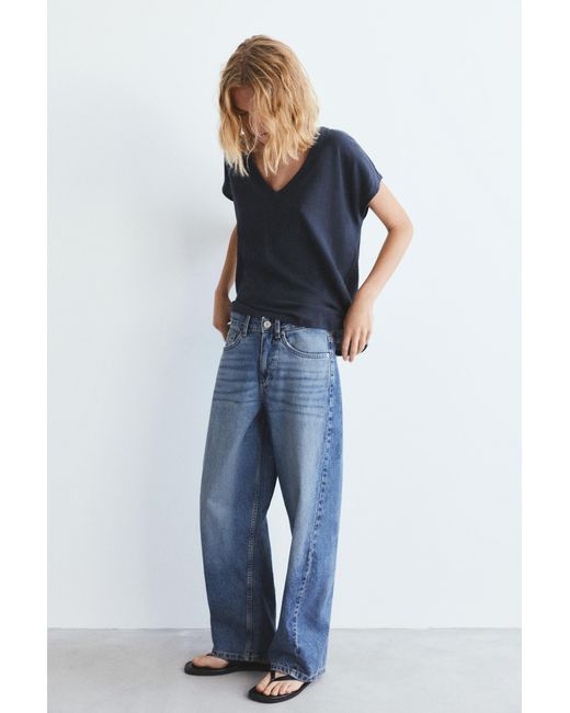 Pull&Bear Blue V-Neck Linen T-Shirt