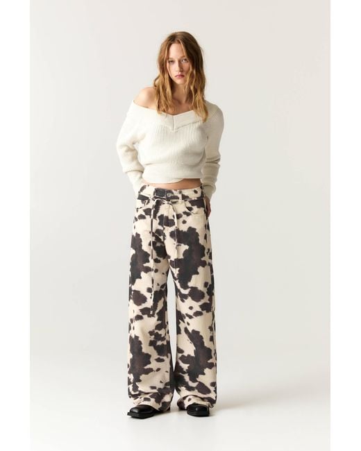Pull&Bear White Cow Print Baggy Trousers