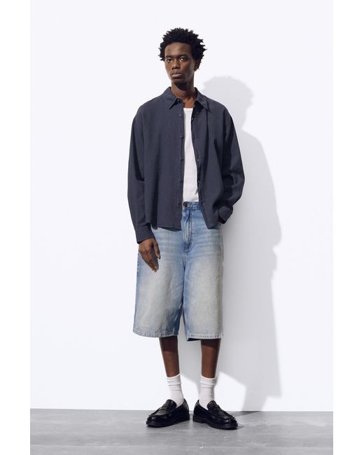 Pull&Bear Blue Long Sleeve Linen Blend Shirt for men
