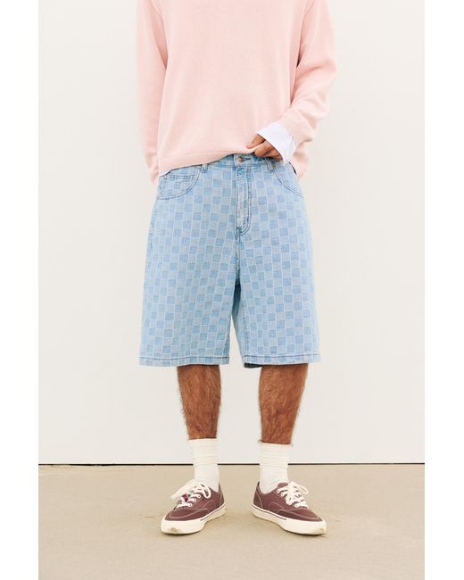 Pull&Bear Blue Checked Denim Bermuda Shorts for men