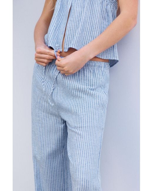 Pull&Bear Blue Striped Linen Blend Pyjama-Style Trousers