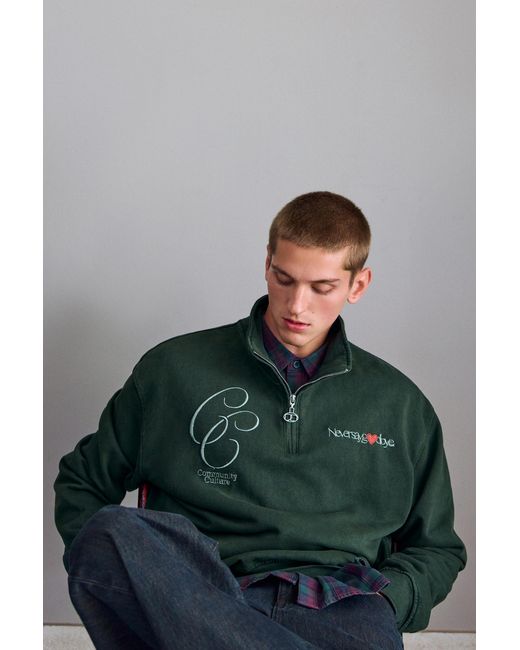 Pull&Bear Green Embroidered Quarter-Zip Sweatshirt for men