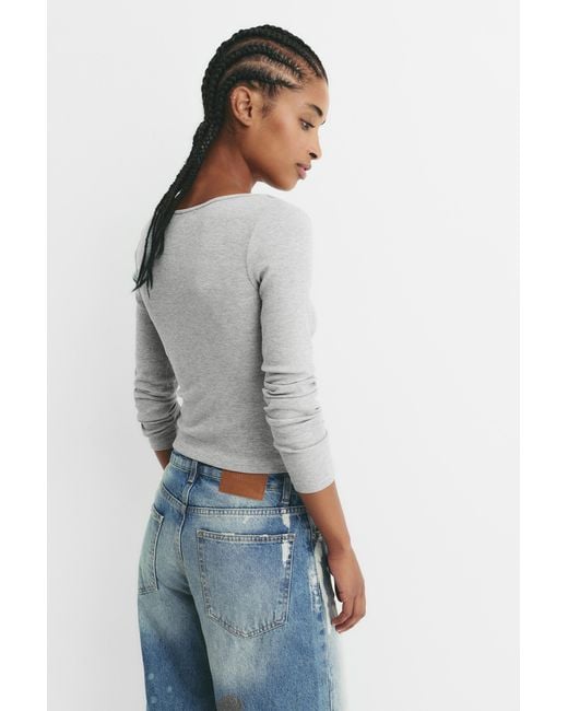 Pull&Bear White Ribbed Round Neck T-Shirt