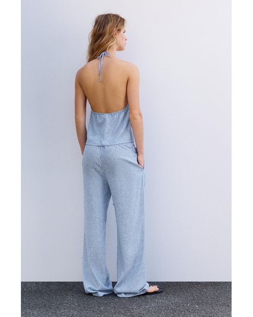 Pull&Bear Blue Striped Linen Blend Pyjama-Style Trousers