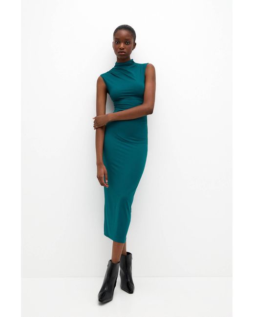 Pull&Bear Blue Draped Polyamide Midi Dress