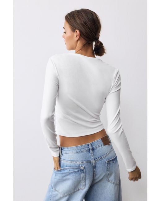 Pull&Bear White Fitted Long Sleeve T-Shirt
