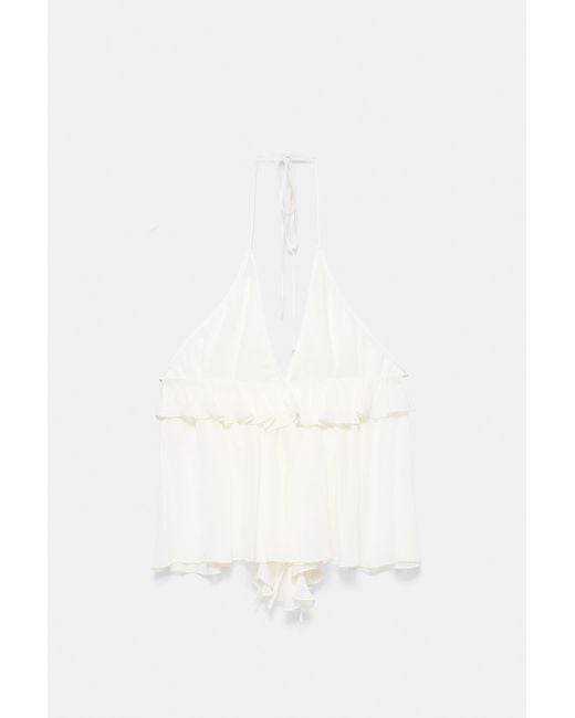 Pull&Bear White Halter Top With Ruffles