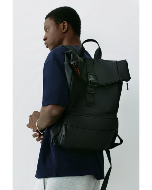 Pull&Bear Black Rubberised Flap Backpack for men