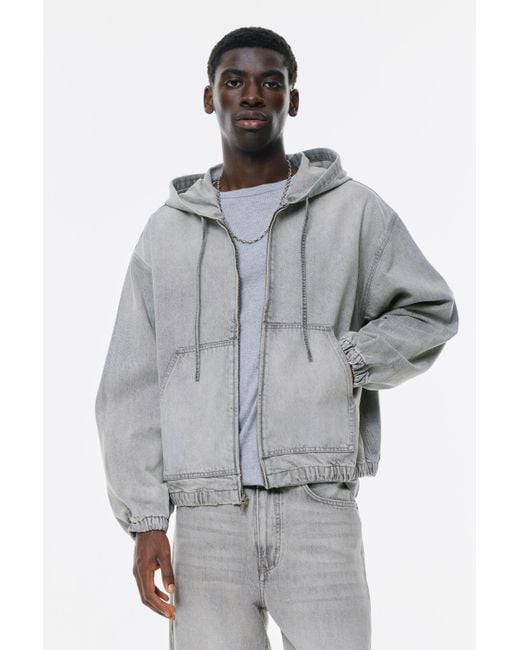 Pull&Bear Gray Denim Jacket With Hood for men