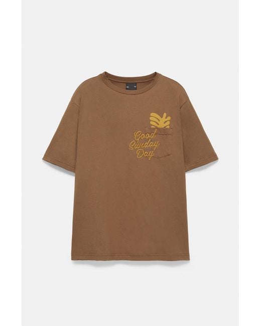 Pull&Bear Brown Boxy Fit Graphic Pocket T-Shirt for men