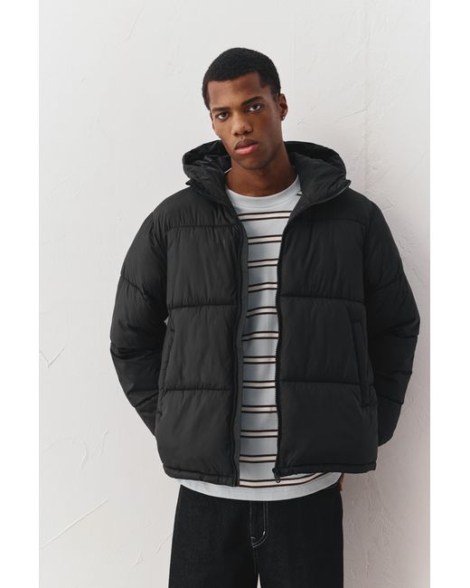Pull&Bear Black Padded Jacket With Hood for men