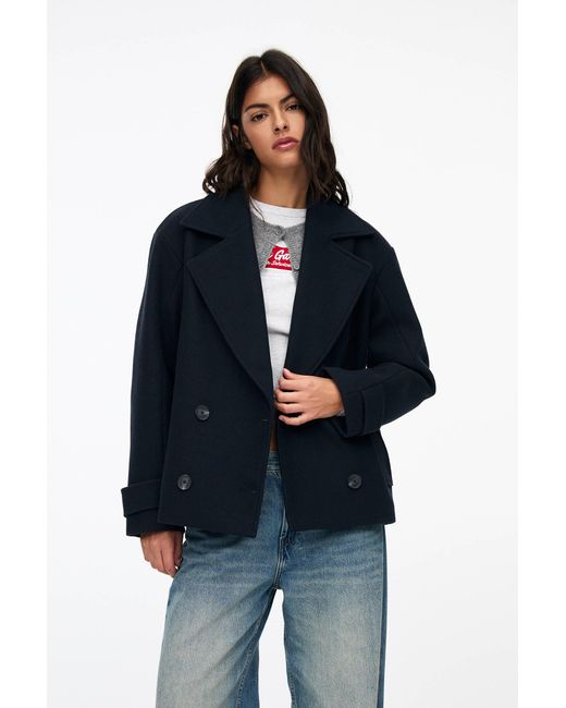 Pull&Bear Blue Short Felt Texture Coat