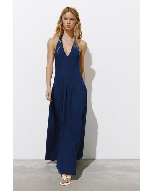 Pull&Bear Blue Long Halterneck Denim Dress