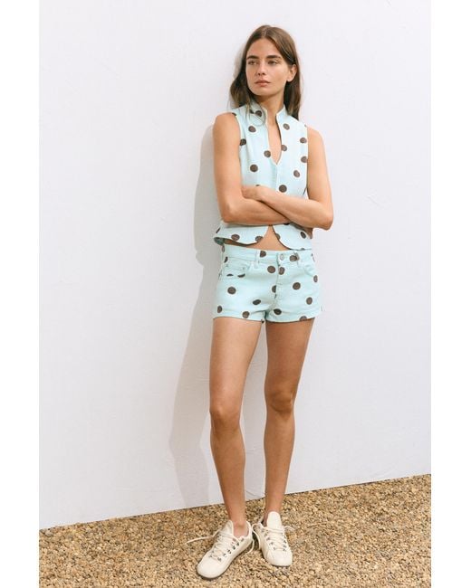 Pull&Bear Green Polka Dot Denim Mini Shorts