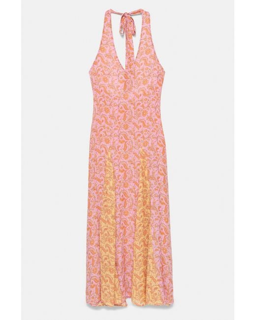 Pull&Bear Orange Printed Halter Midi Dress