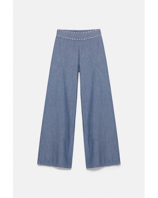 Pull&Bear Blue Wide-Leg Jeans With Studs