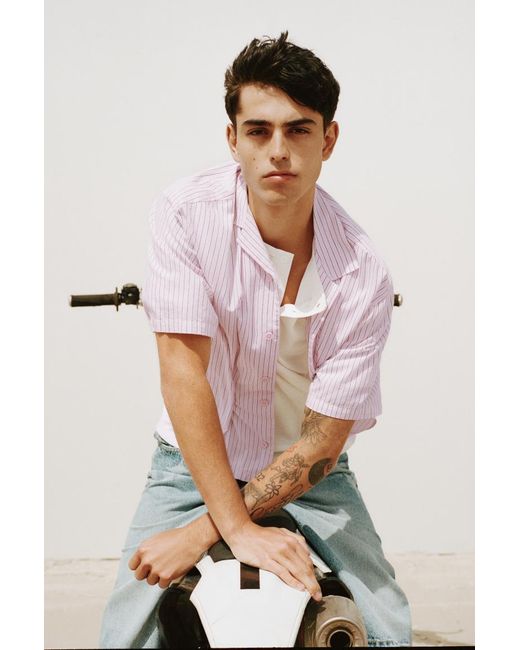 Pull&Bear Pink Short Sleeve Striped Shirt for men