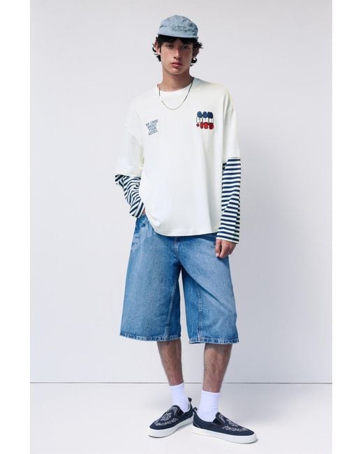 Pull&Bear Blue Stwd Double Sleeve Striped T-Shirt for men
