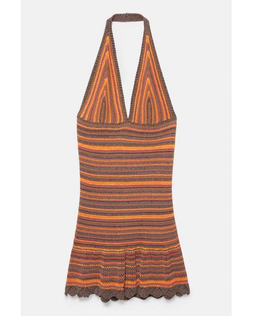 Pull&Bear Brown Short Striped Crochet Dress