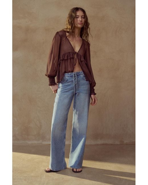 Pull&Bear Brown Sheer Blouse With Ruffle