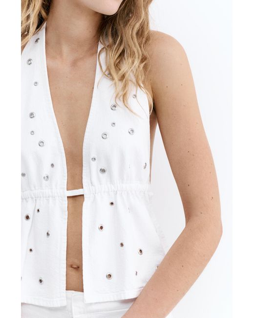 Pull&Bear Denim Haltertop Met Eyelets in het Natural