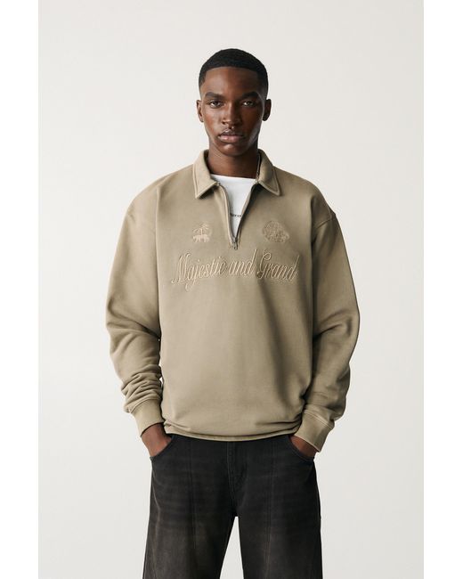 Pull&Bear Natural Zip-Up Sweatshirt With Polo Collar for men