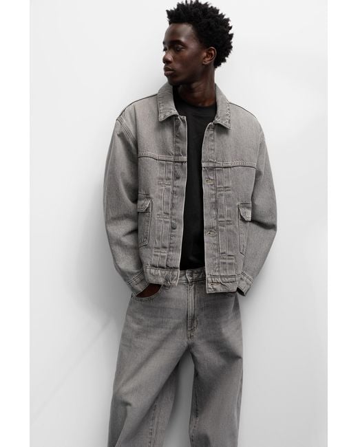 Pull&Bear Gray Denim Jacket With Pockets for men