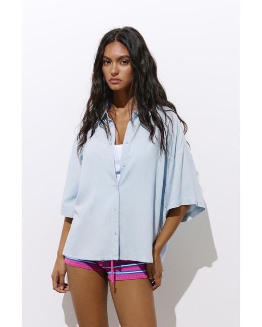 Pull&Bear Blue Kurzarmhemd Mit Leinen