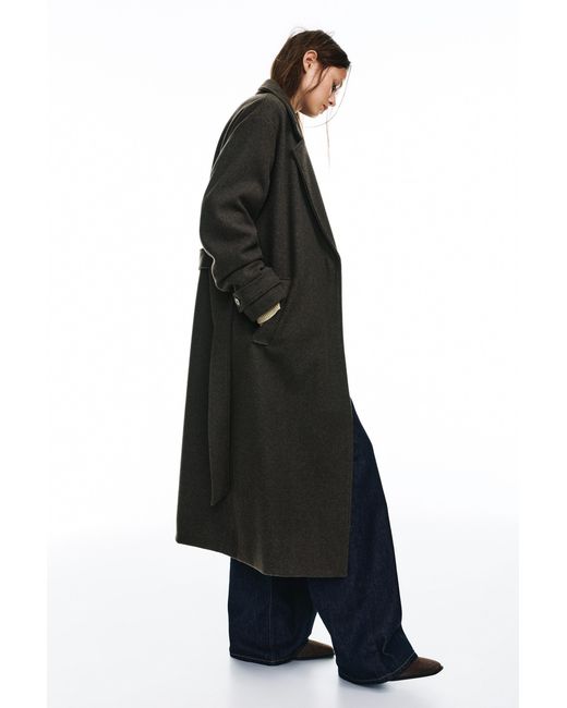 Pull&Bear Black Long Felt Texture Coat With Belt