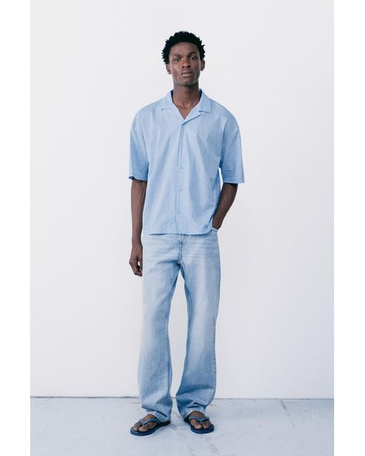 Pull&Bear Blue Short Sleeve Striped Shirt for men
