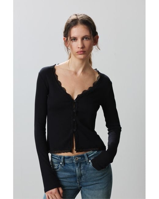 Pull&Bear Black Lace Button-Up T-Shirt