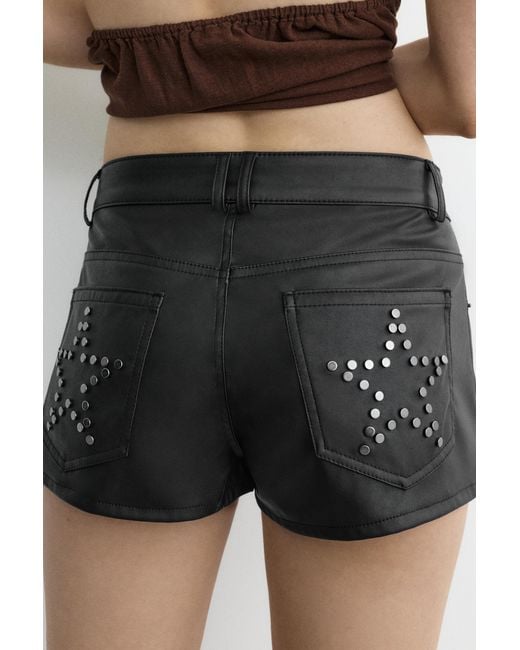 Pull&Bear Black Studded Low-Rise Leather Effect Shorts