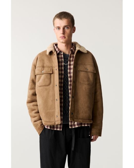 Pull&Bear Natural Faux Suede Jacket With Faux Shearling Collar for men