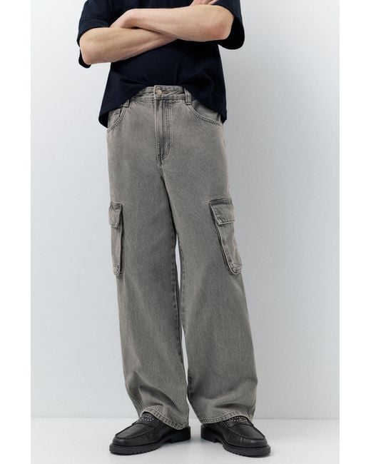 Pull&Bear Black Baggy Cargo Jeans for men