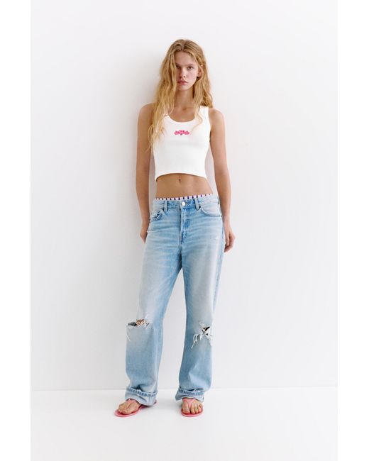 Pull&Bear White Embroidered Floral Tank Top
