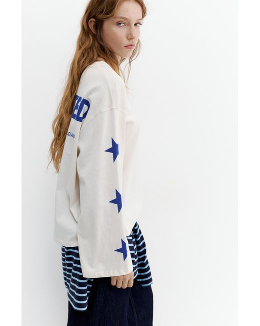 Pull&Bear White Long Sleeve T-Shirt With Star Graphic