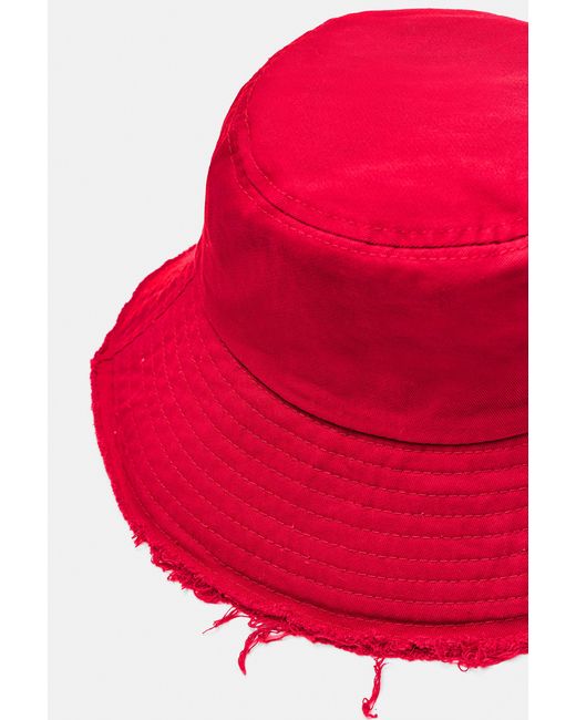 Pull&Bear Red Frayed Hem Bucket Hat