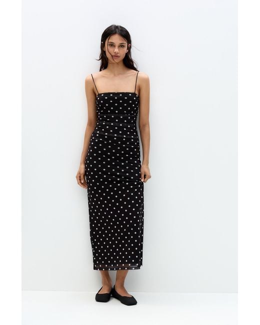 Pull&Bear Black Strappy Polka Dot Midi Dress