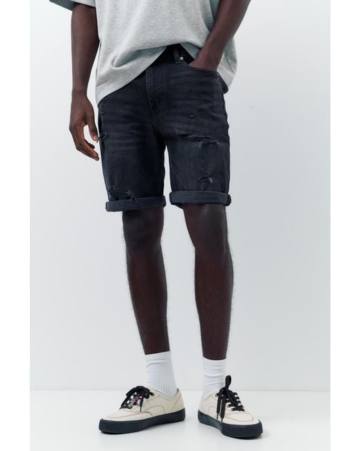 Pull&Bear Gray Ripped Denim Bermuda Shorts for men