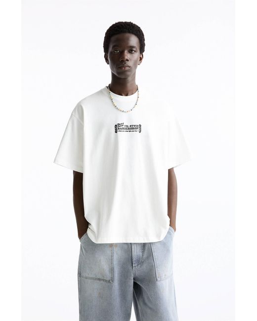 Pull&Bear White T-Shirt With Barbershop Print for men