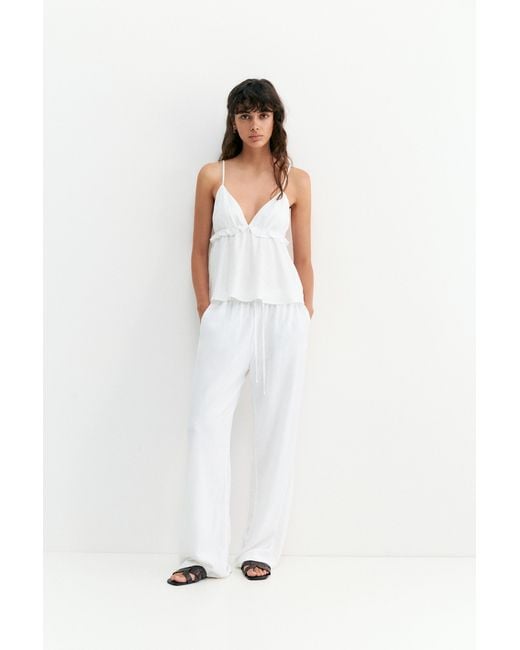 Pull&Bear White Flowy Trousers With Linen
