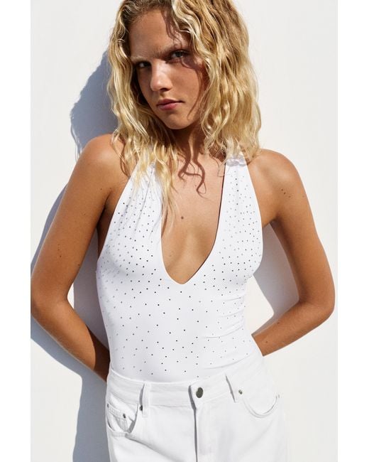 Pull&Bear White Rhinestone Halter Bodysuit