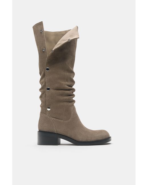 Pull&Bear Green Studded Tall Leather Boots