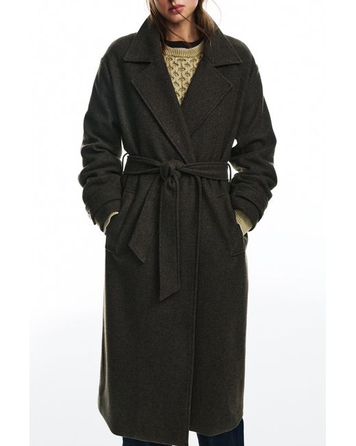 Pull&Bear Black Long Felt Texture Coat With Belt