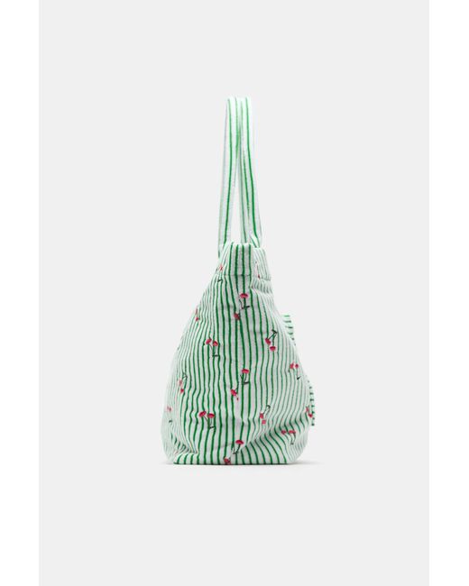 Pull&Bear Green Striped Towel-Effect Tote Bag