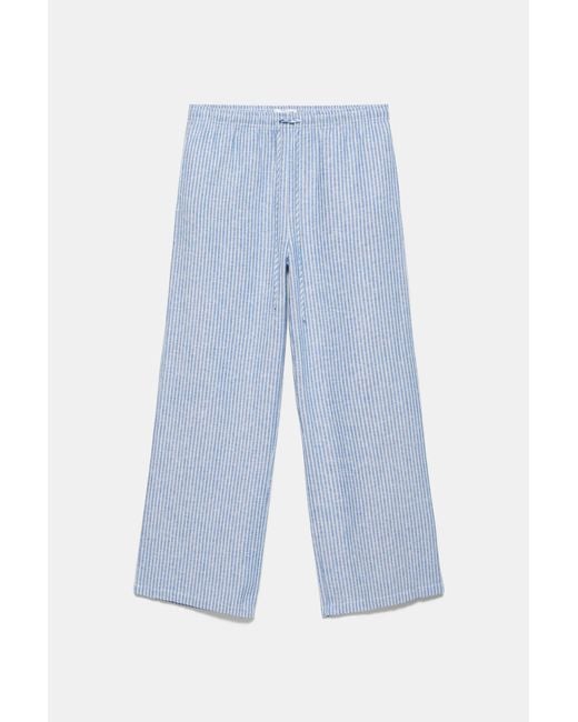 Pull&Bear Blue Striped Linen Blend Pyjama-Style Trousers